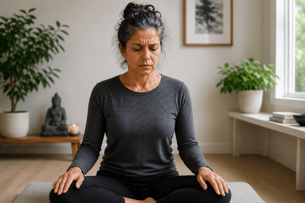 dangers of meditation woman 1 - Manhattan Center for Cognitive Behavioral Therapy Woman meditating with a tense, thoughtful expression while seated cross-legged indoors