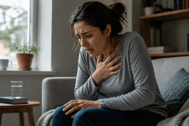Woman experiencing a panic attack while trying to calm her breathing