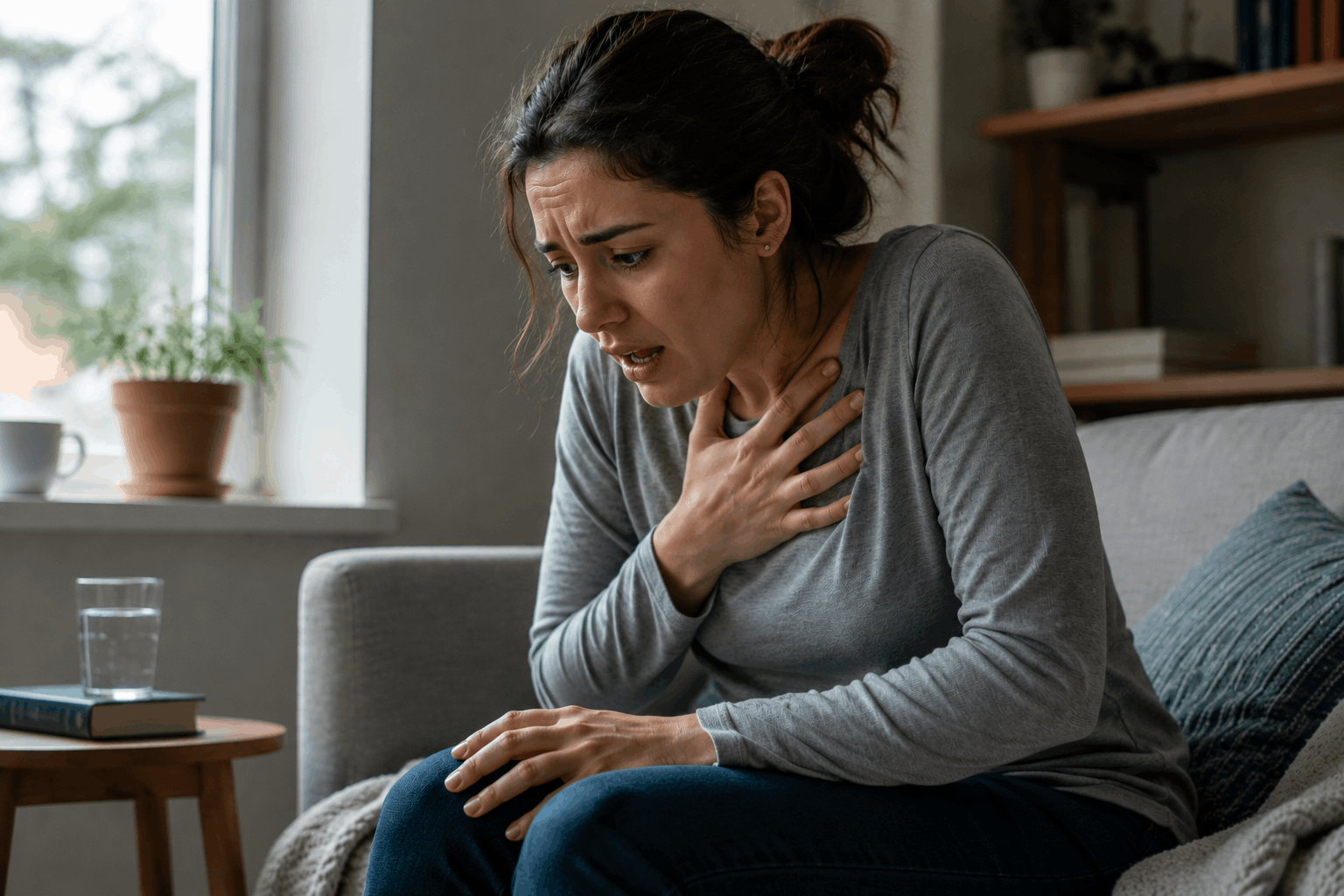 Woman experiencing a panic attack while trying to calm her breathing