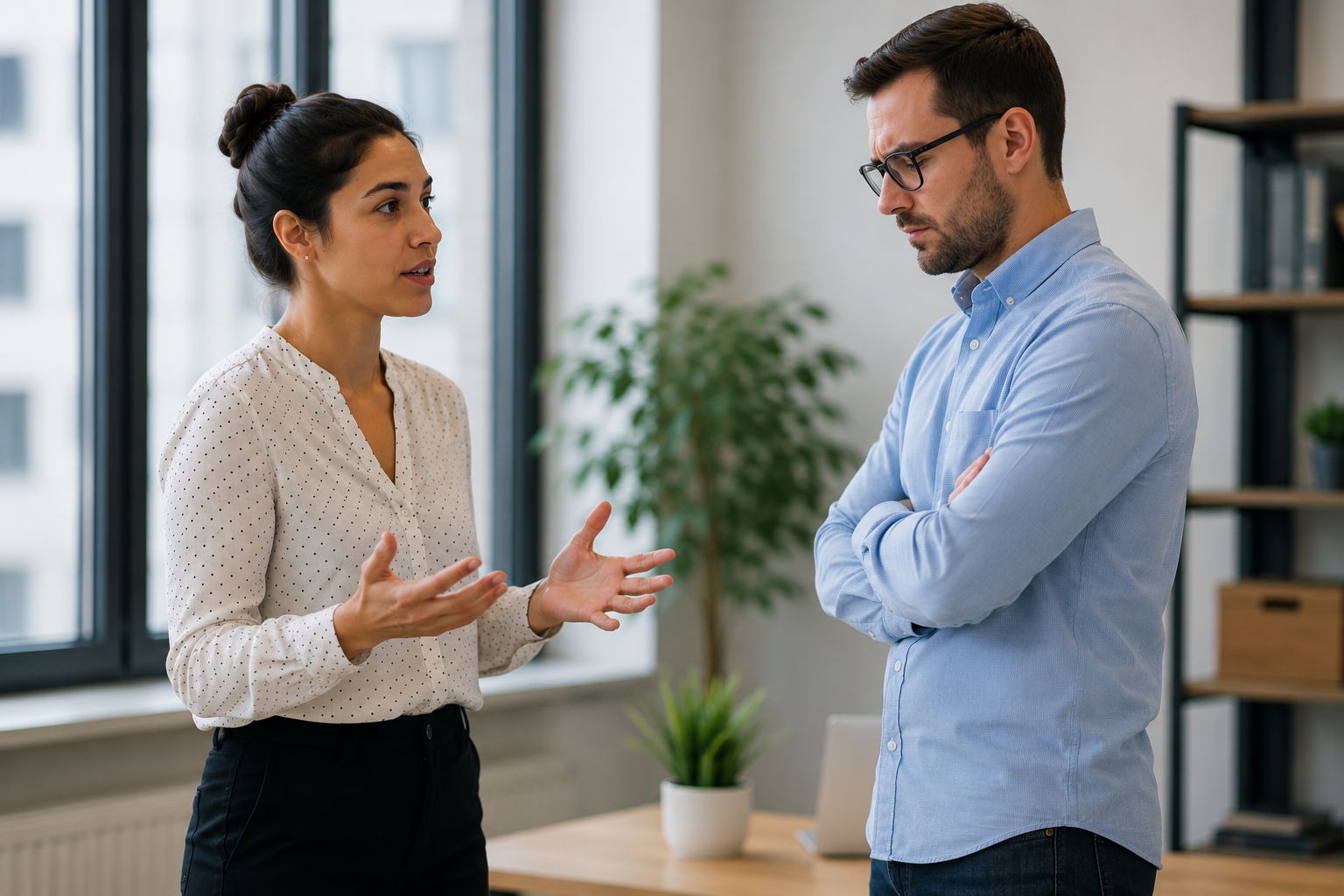 Two coworkers in an office having a discussion; woman speaks with hand gestures, man listens with arms crossed.