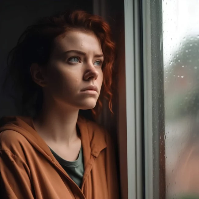 Depressed-young-woman woman in depressive funk by the window