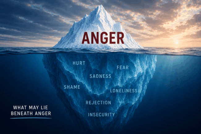 Anger iceberg showing hidden emotions beneath anger including fear, sadness, shame, hurt, and insecurity