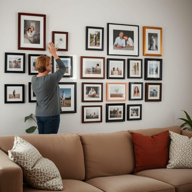 a woman with just right ocd straightening pictures on her wall compulsively