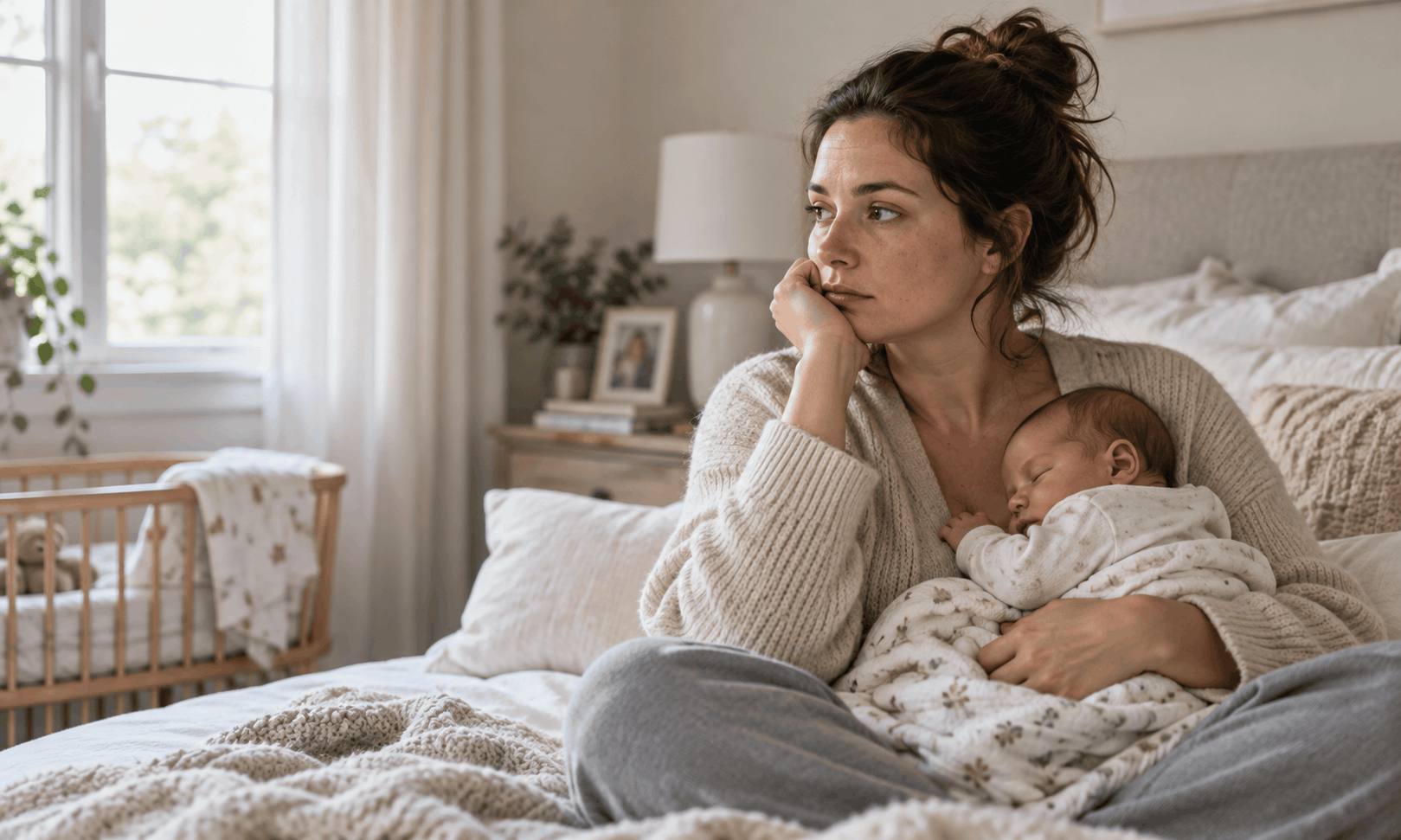 Mother experiencing postpartum intrusive thoughts while holding her baby